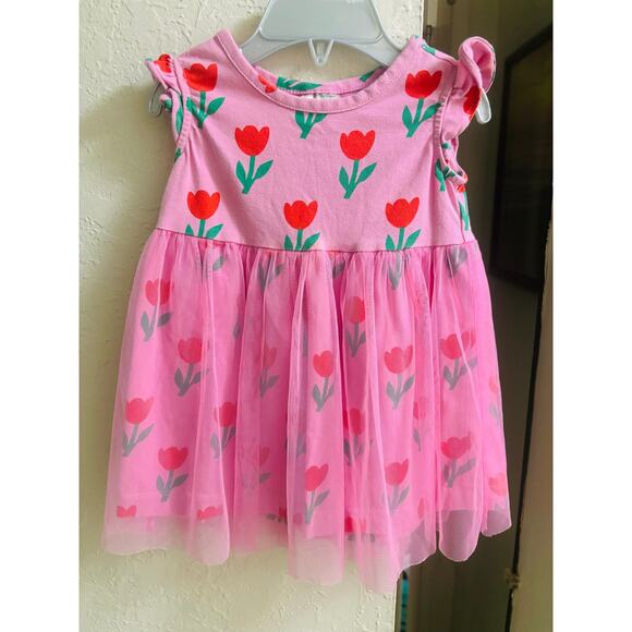 Baby Flutter Sleeve Tulle Dress Tulips on Fondant Pink 12-18 Months - Picture 2 of 4